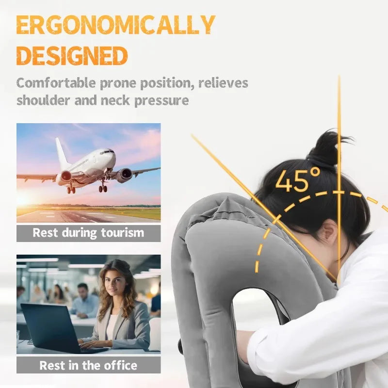Ergonomic travel pillow with text on its benefits and usage scenarios.