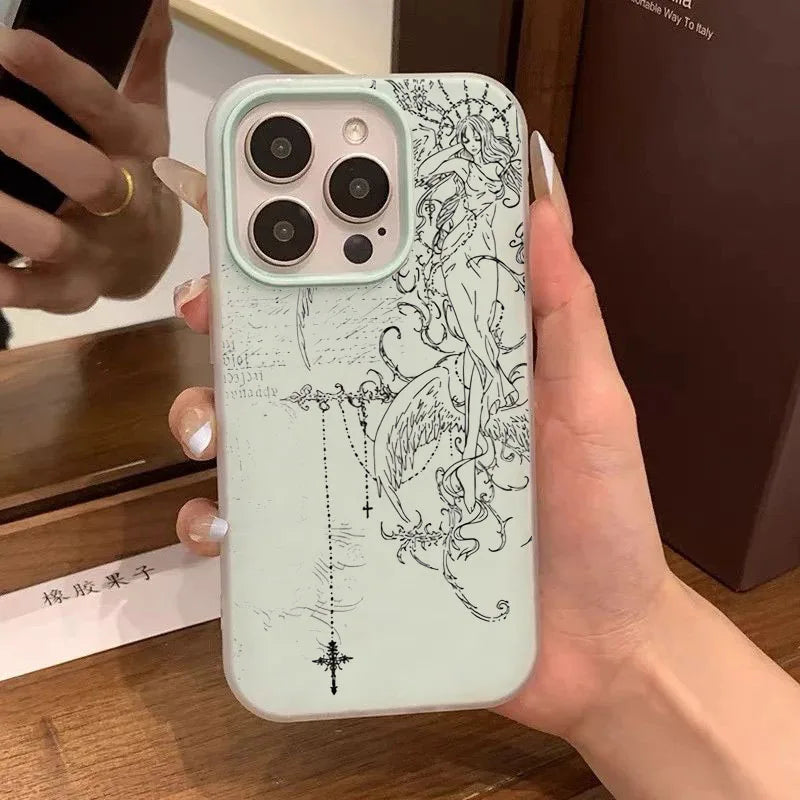 Gothic Angel Cross Line Phone Case for iPhone 11 12 13 14 15 16 17
