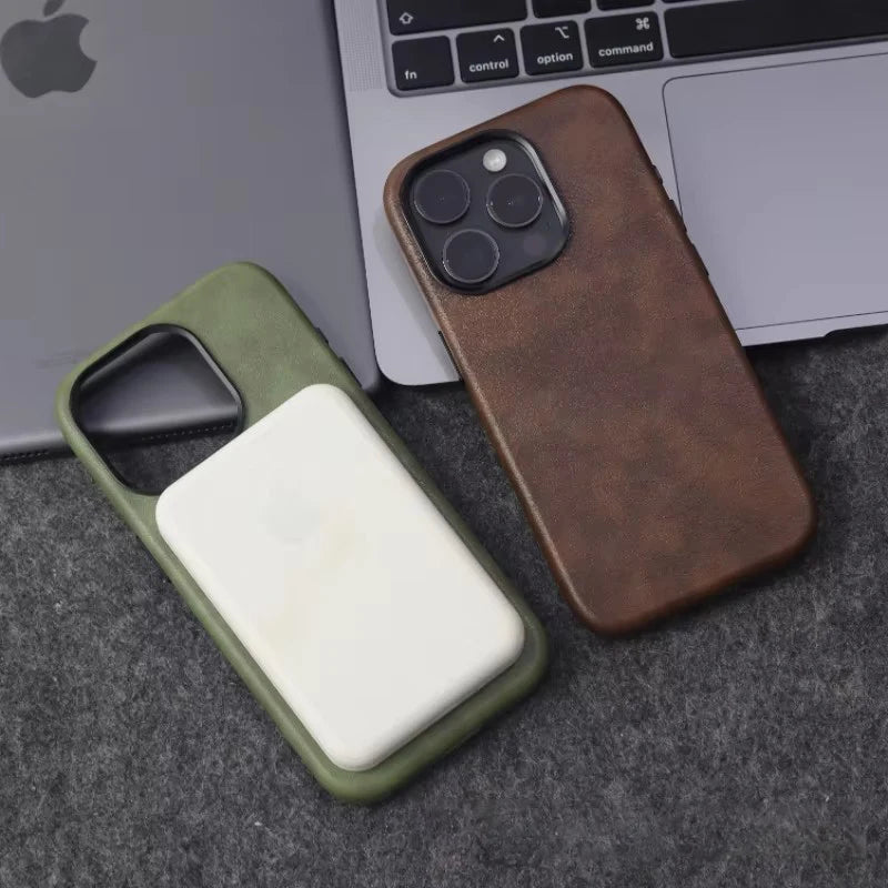 Retro Leather MagSafe Case for iPhone 12 13 14 15 16 17 Pro Max