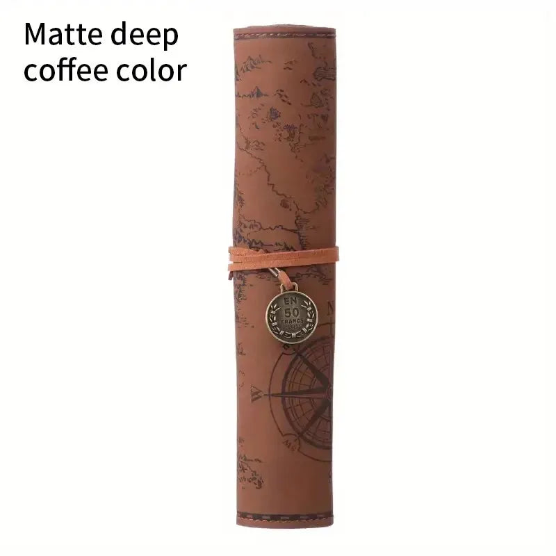 Vintage Treasure Map Pencil Case Leather Roll Stationery Bag