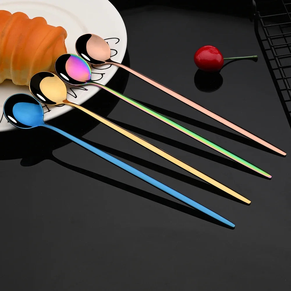 6Pcs Gold Ice Spoon Set – Long Handle Stainless Steel Coffee & Tea Stir Spoons