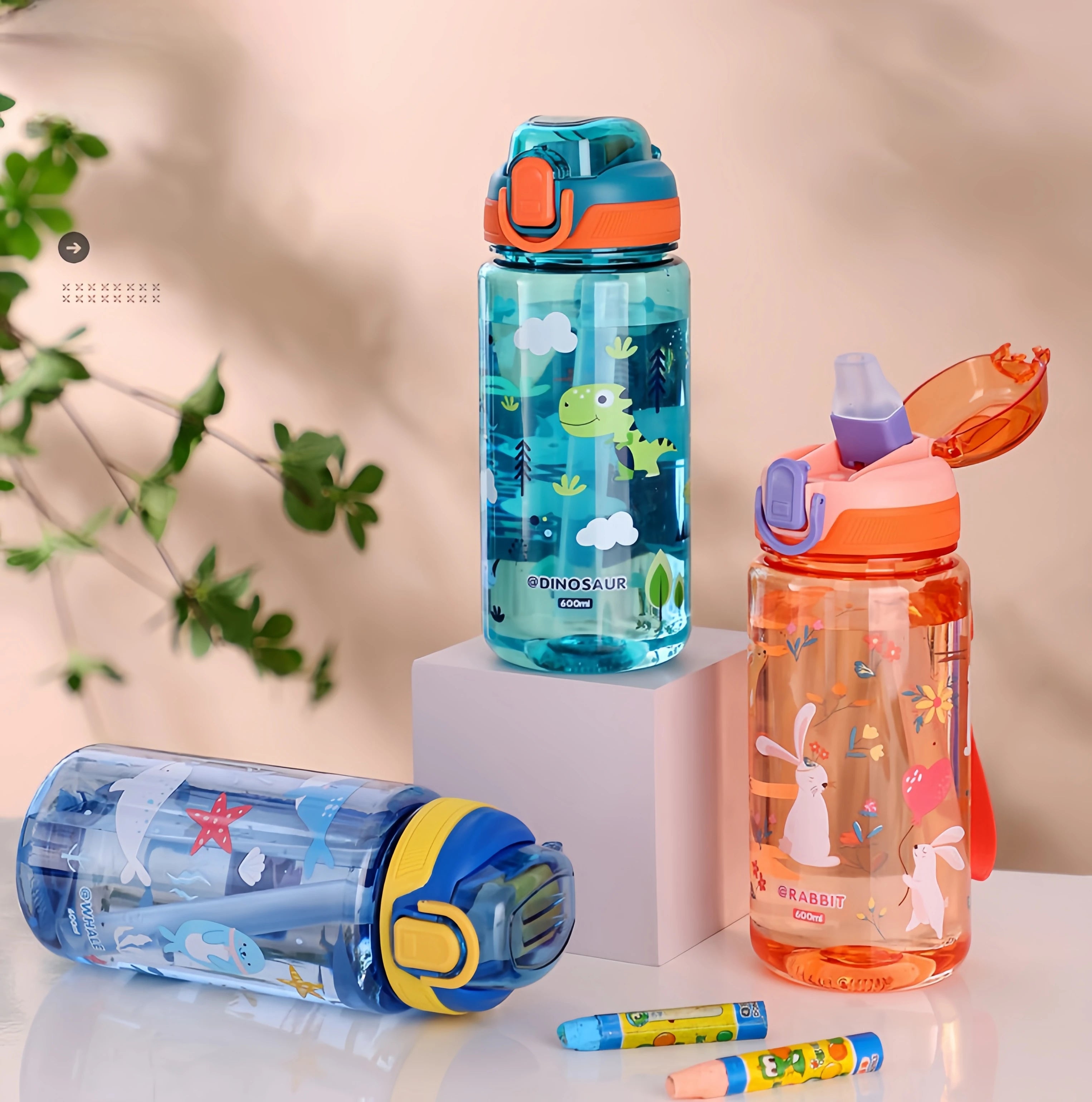 600ml Dinosaur Kids Water Bottle Leakproof Straw Cup