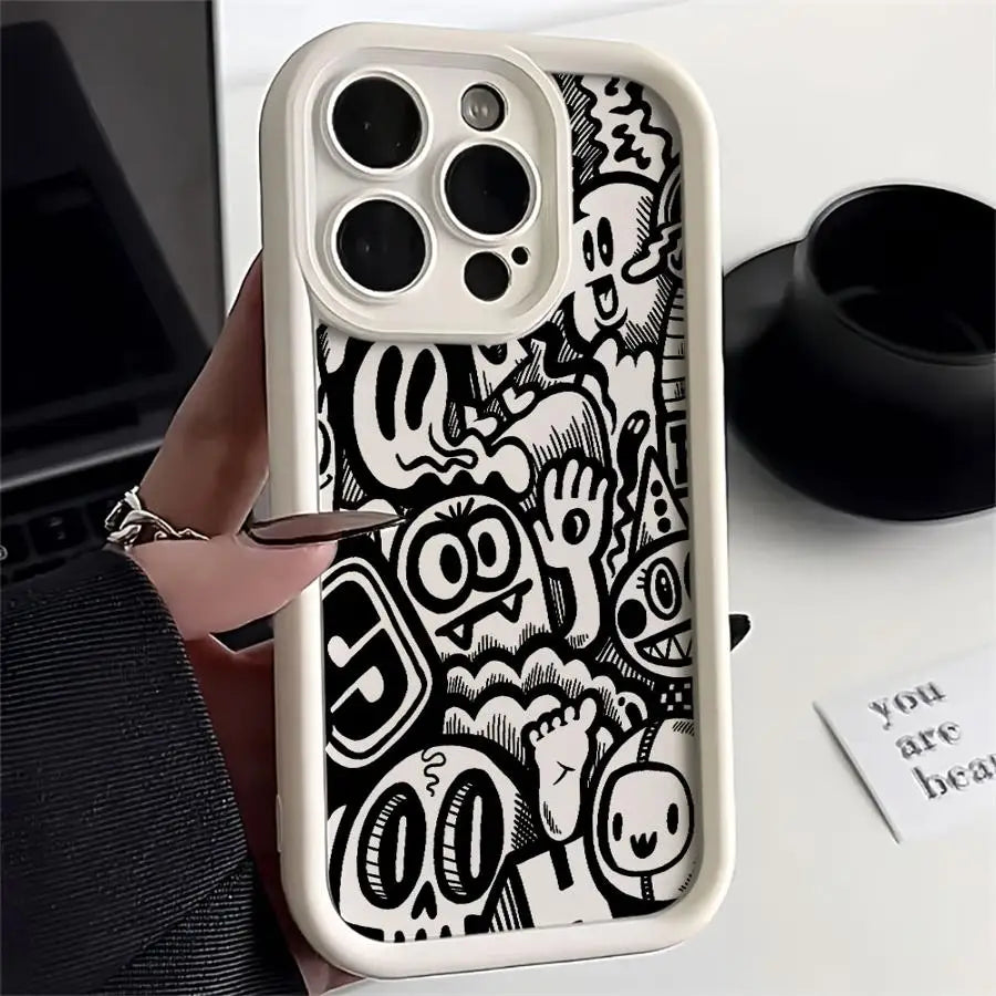 Black Graffiti Silicone Case for iPhone 11 12 13 14 15 16 Pro Max