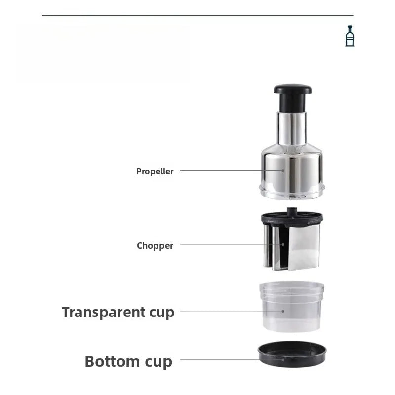 manual chopper parts diagram showing push handle transparent cup and sharp stainless steel blades