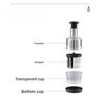 manual chopper parts diagram showing push handle transparent cup and sharp stainless steel blades