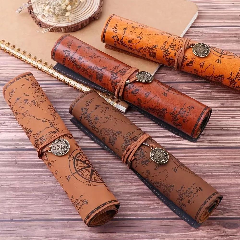 Vintage Treasure Map Pencil Case Leather Roll Stationery Bag