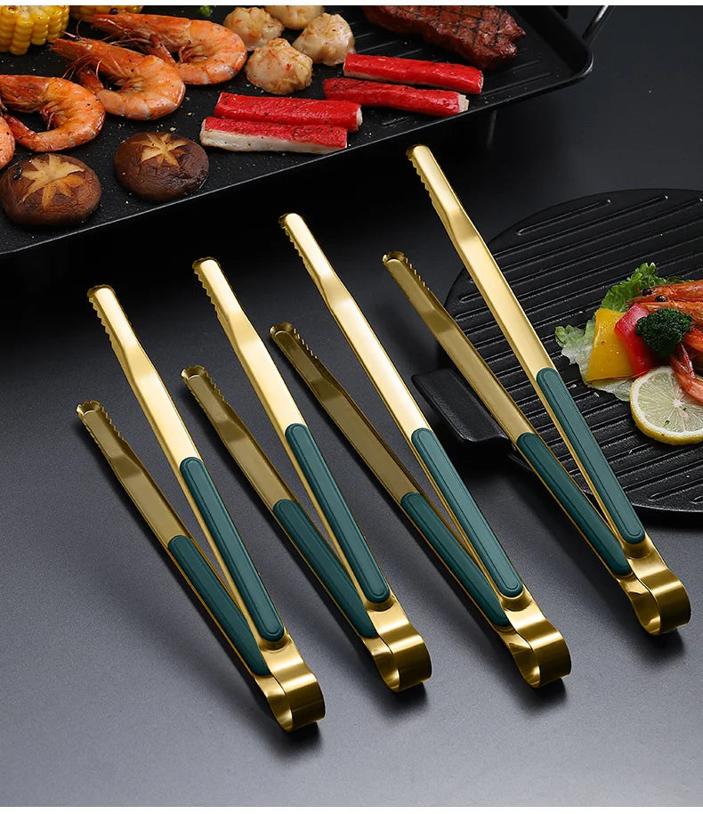 Gold Stainless Steel Food Tongs – Non-Slip BBQ, Salad & Bread Serving Tongs