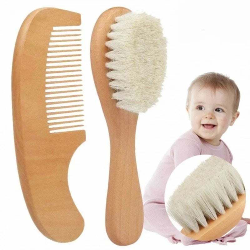 Newborn Baby Wooden Hair Brush & Comb Set Soft Wool Brush