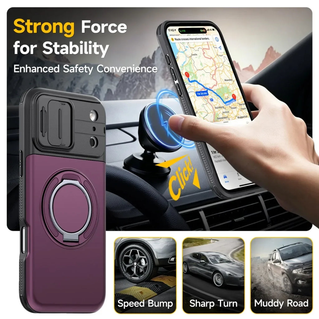 A phone mount/carabiner accessory shown in a car interior scene with a hand holding a smartphone near the mount. The product itself is pictured on the left as a dark purple and black ring holder case.