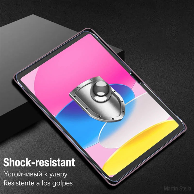 Smartphone with a colorful display on a black background, featuring text about shock resistance.