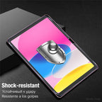 Smartphone with a colorful display on a black background, featuring text about shock resistance.