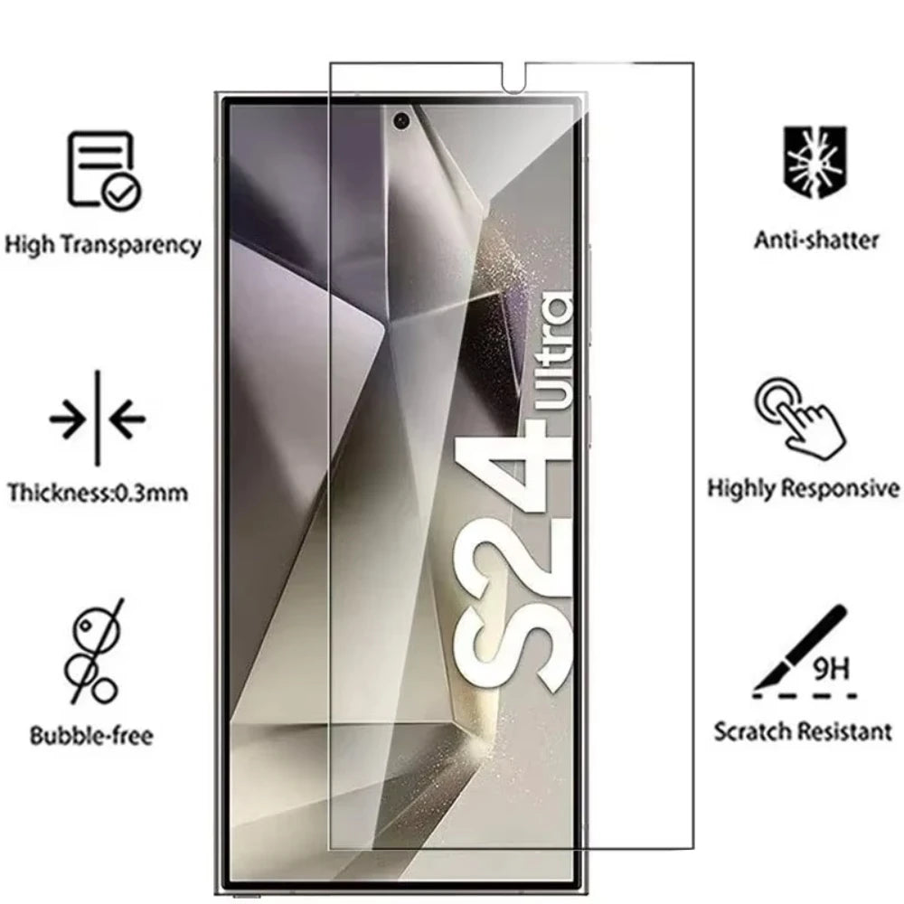 Smartphone with tempered glass screen protector labeled S24 Ultra, featuring icons and text on its features.