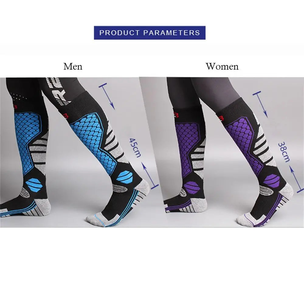 Multiple color choices of long thermal ski stockings shown on legs during outdoor winter sports