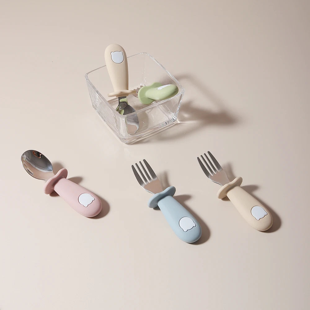 2PCS Baby Learning Spoon & Fork Set Wooden Handle Silicone Cutlery