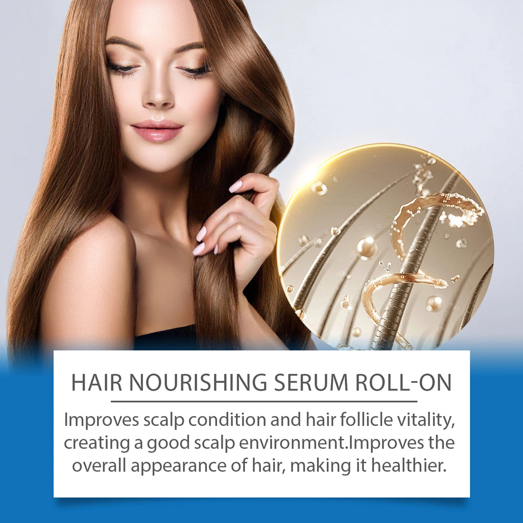smiling woman with long thick hair showcasing visible results from daily hair growth serum use