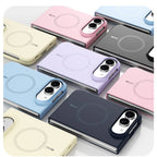 A set of magnetic wireless charging phone cases in multiple colors, including pink, purple, blue, black, and cream, arranged diagonally on a light gray background.