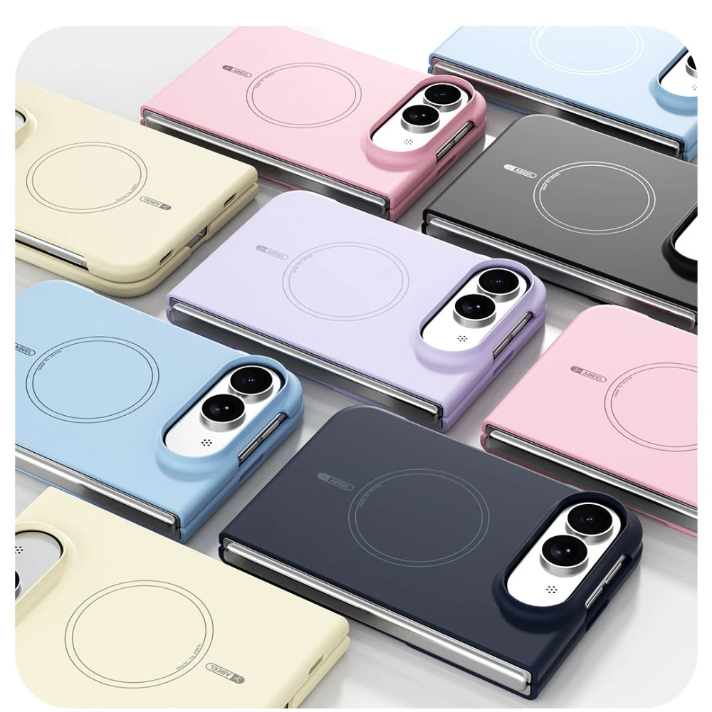 A set of magnetic wireless charging phone cases in multiple colors, including pink, purple, blue, black, and cream, arranged diagonally on a light gray background.