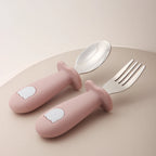 2PCS Baby Learning Spoon & Fork Set Wooden Handle Silicone Cutlery