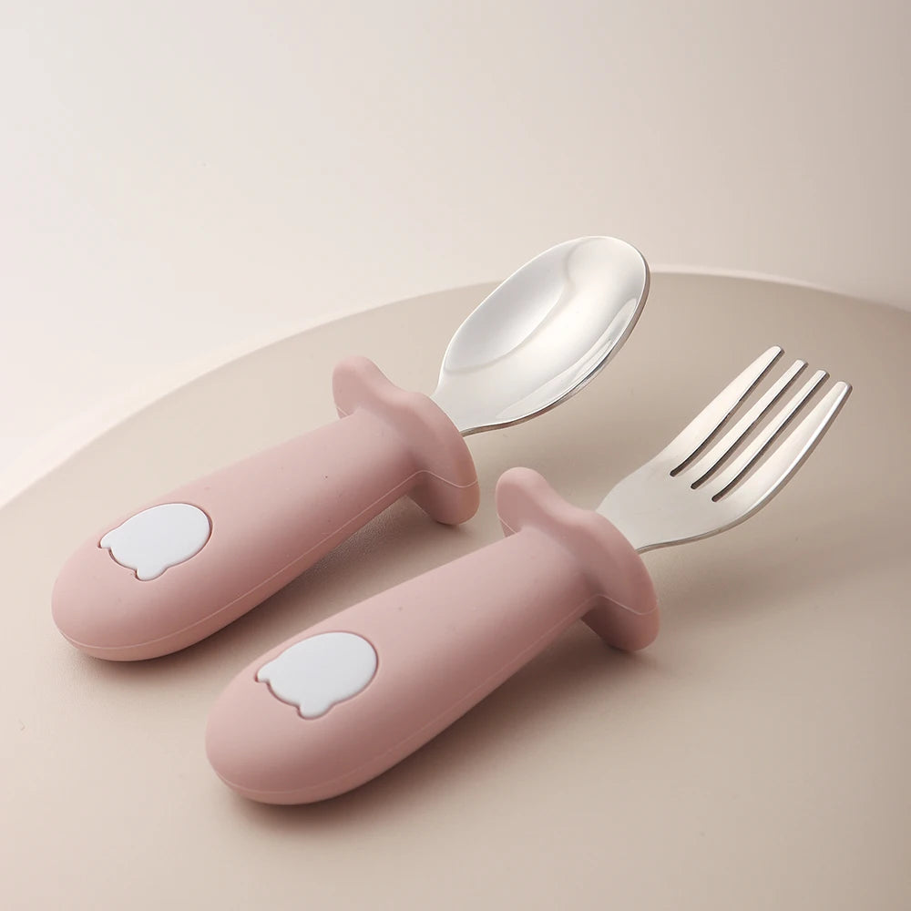 2PCS Baby Learning Spoon & Fork Set Wooden Handle Silicone Cutlery