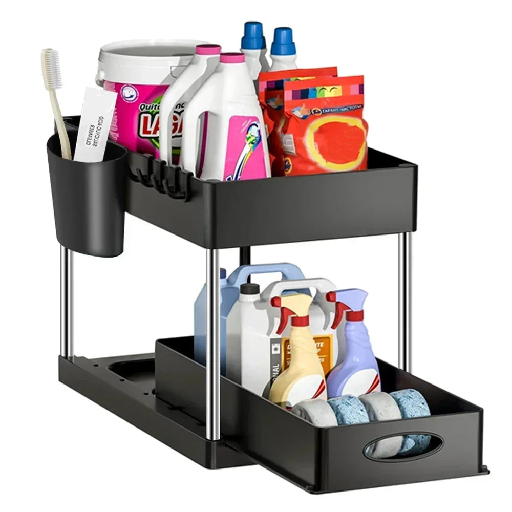 2 Tier Under Sink Organizer Sliding Cabinet Storage Rack with Hooks