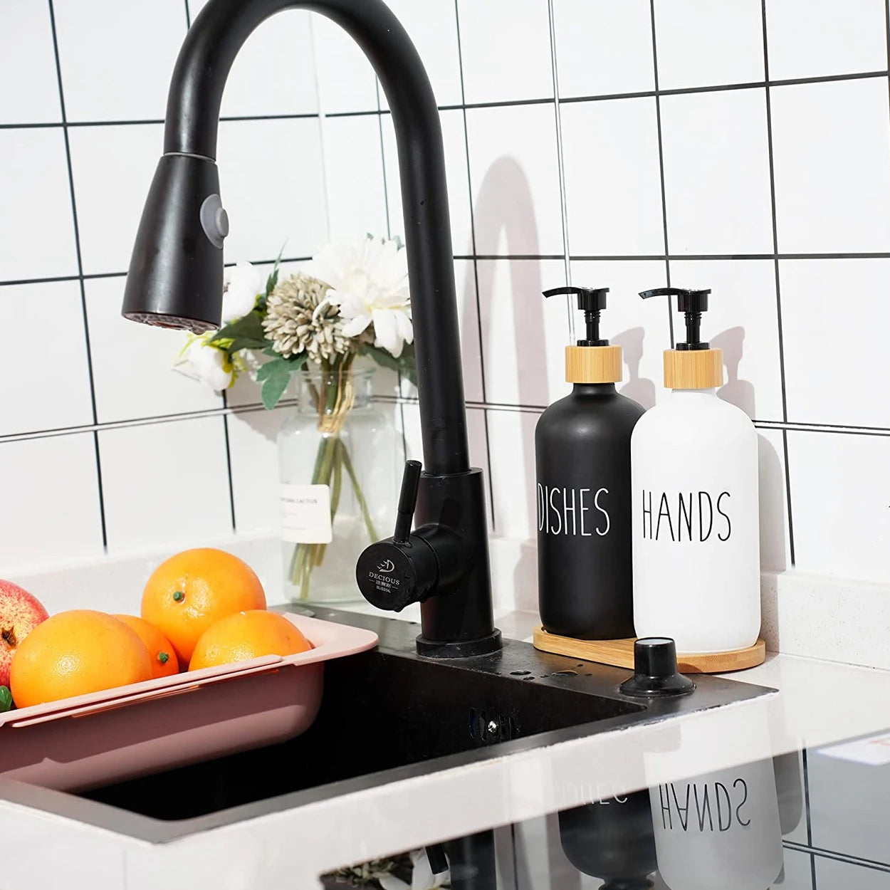 Black Dish Soap Dispenser Set Refillable Kitchen Sink Soap & Detergent Bottles