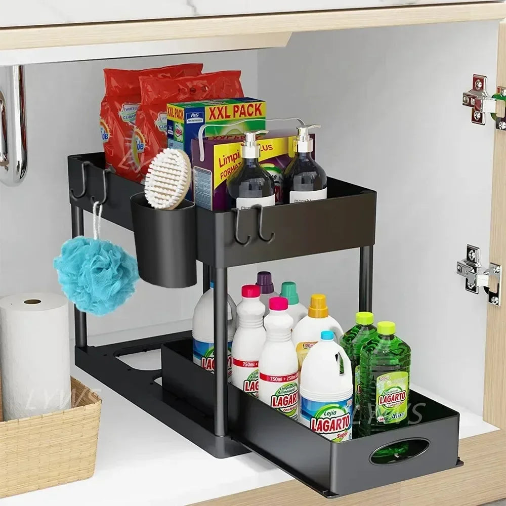 2 Tier Under Sink Organizer Sliding Cabinet Storage Rack with Hooks