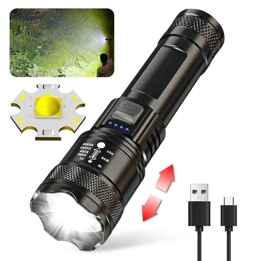 2000LM Tactical LED Flashlight USB Charging Zoom Torch