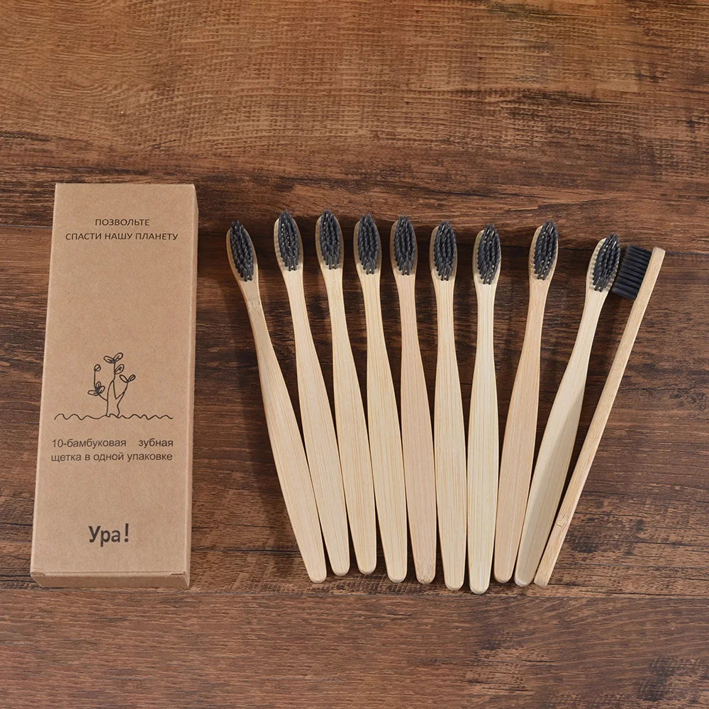 10PCS Bamboo Toothbrush Set Soft Charcoal Bristle Eco Dental Care