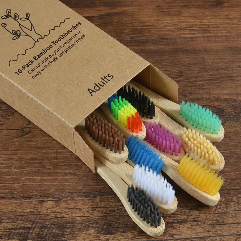10PCS Bamboo Toothbrush Set Soft Charcoal Bristle Eco Dental Care