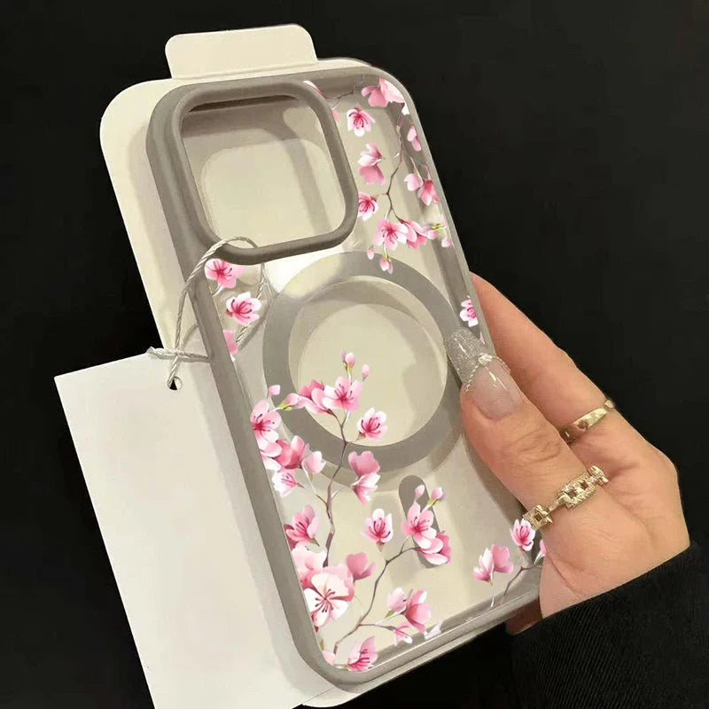 Pink Cherry Floral Magnetic Phone Case for iPhone 17 16 15 14 Pro Max