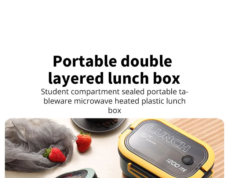 Portable Double Layer Lunch Box Microwave Safe Bento Food Container with Cutlery
