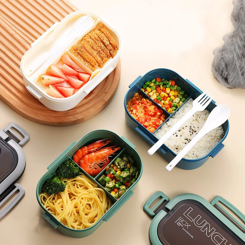Portable Double Layer Lunch Box Microwave Safe Bento Food Container with Cutlery