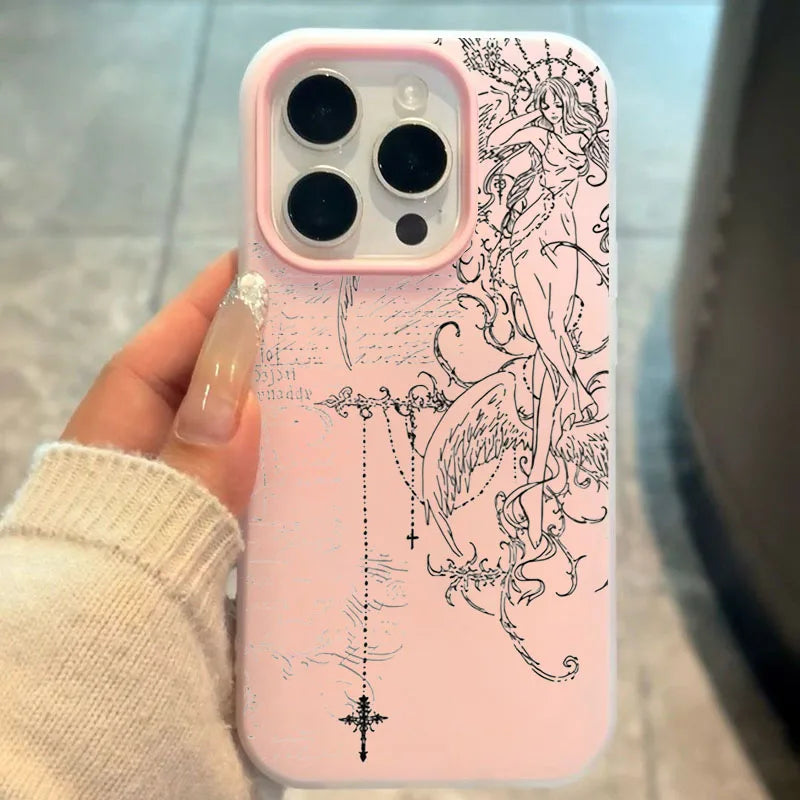 Gothic Angel Cross Line Phone Case for iPhone 11 12 13 14 15 16 17