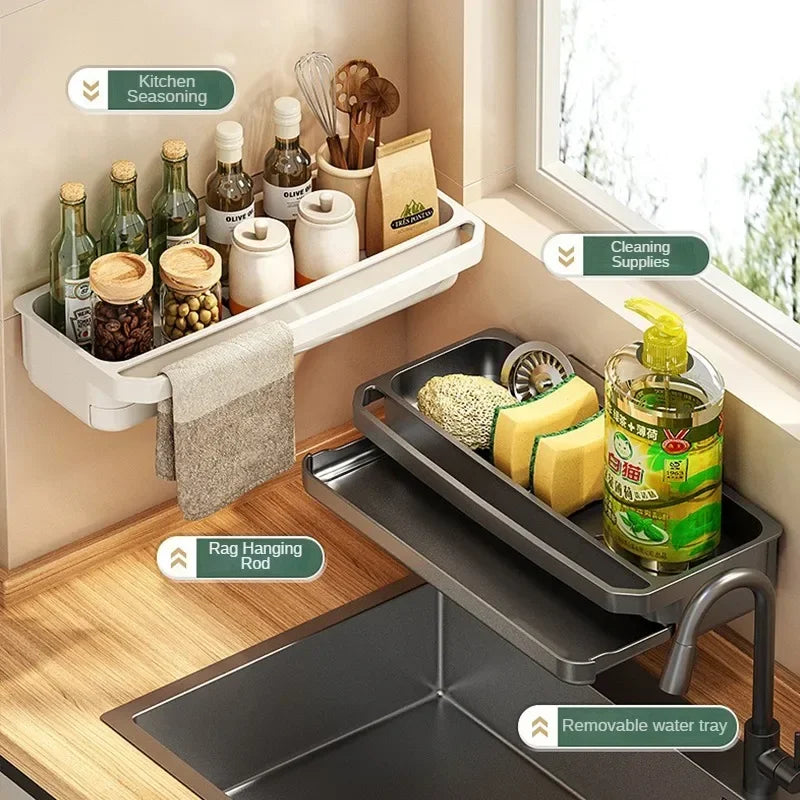 Self-Draining Kitchen Sink Organizer Sponge & Soap Faucet Shelf