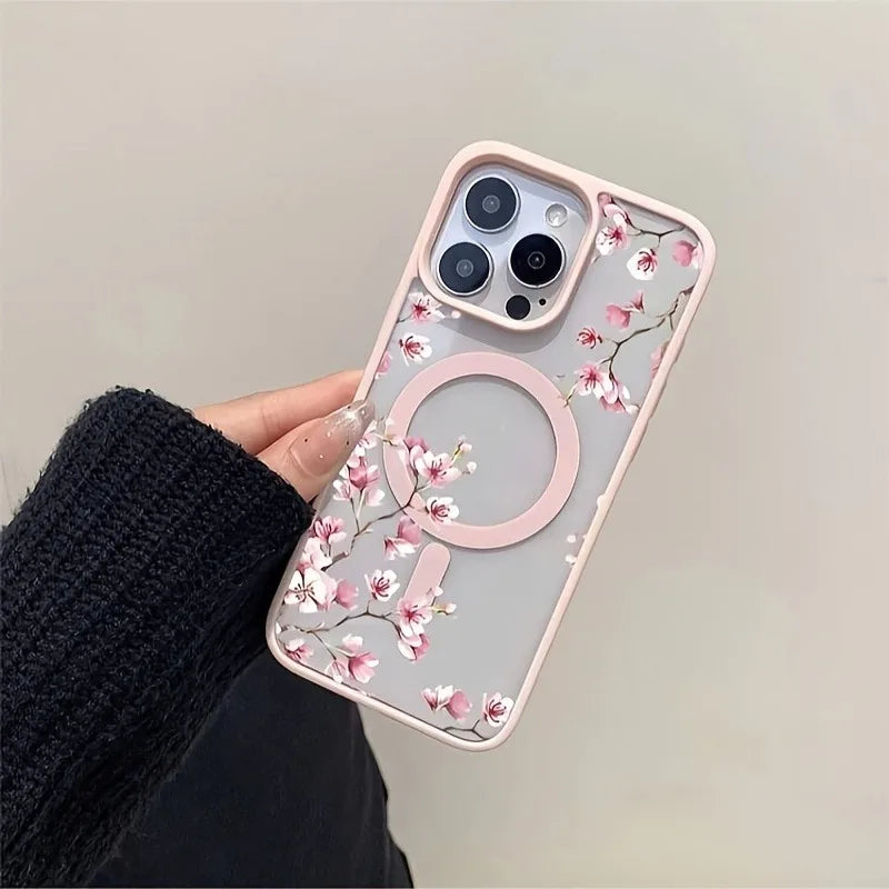 Pink Cherry Floral Magnetic Phone Case for iPhone 17 16 15 14 Pro Max