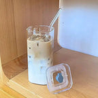 Square Glass Coffee Cup with Straw Heat Resistant Mug with Lid