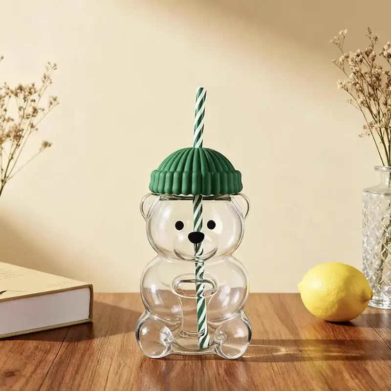 550ml Cartoon Bear Cup with Straw Cute Transparent Coffee & Water Mug