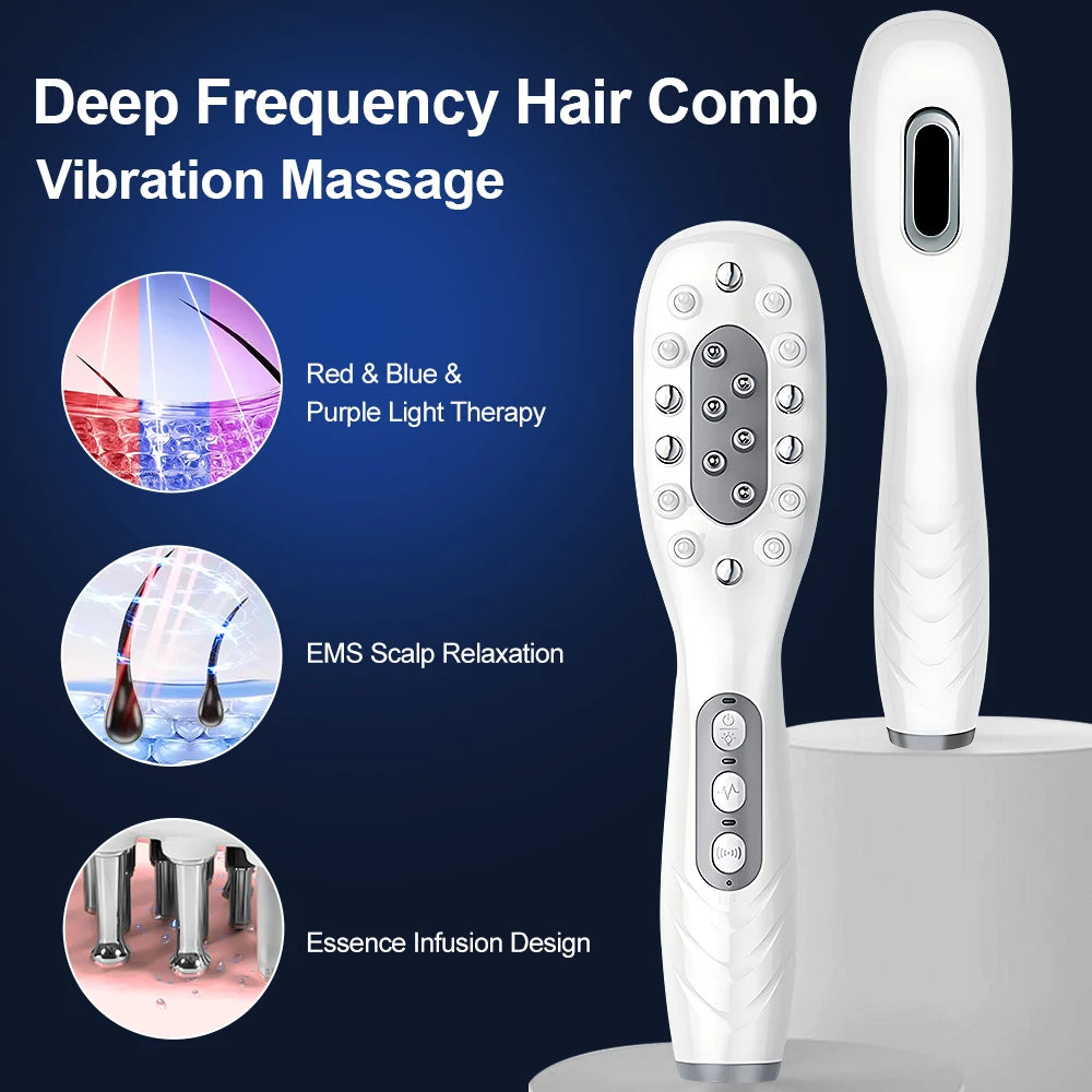 White deep frequency hair comb with features highlighted on a blue background