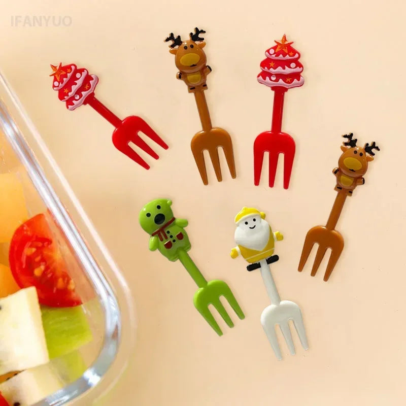 Christmas Fruit Fork Set Santa, Snowman & Elk Cupcake Toppers Decorations
