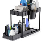 2 Tier Under Sink Organizer Sliding Cabinet Storage Rack with Hooks