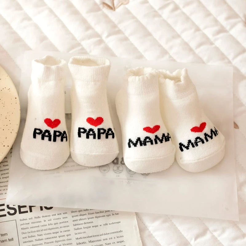 Newborn Baby Socks 2 Pairs Cute Mama Papa Cotton Crew Socks Main image