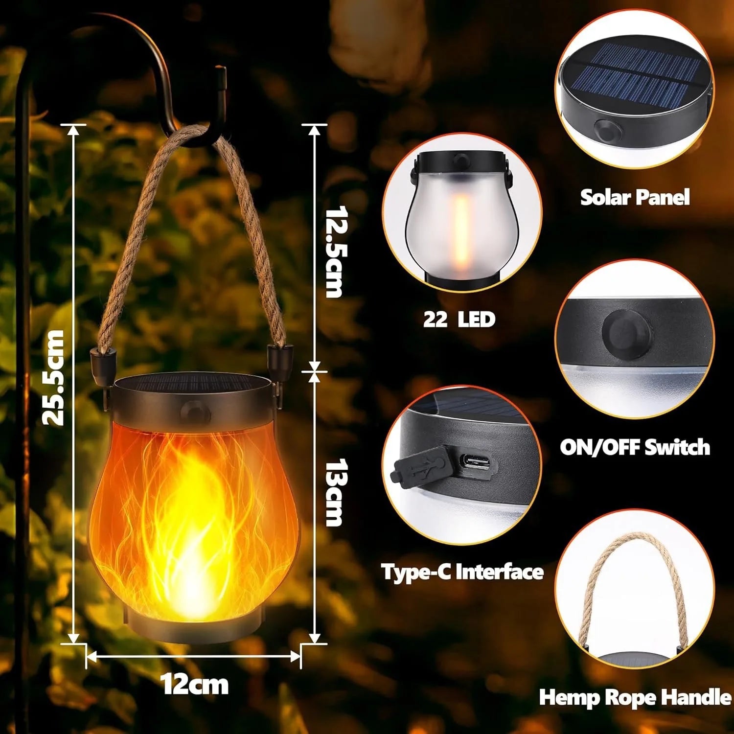 Solar Flame Rope Lantern Waterproof Hanging Lamp