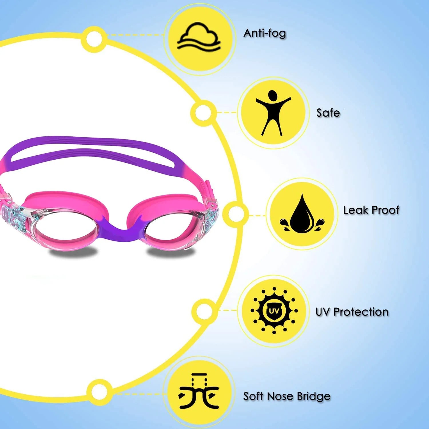 Kids Swimming Goggles Anti-Fog UV Protection Ages 3-14