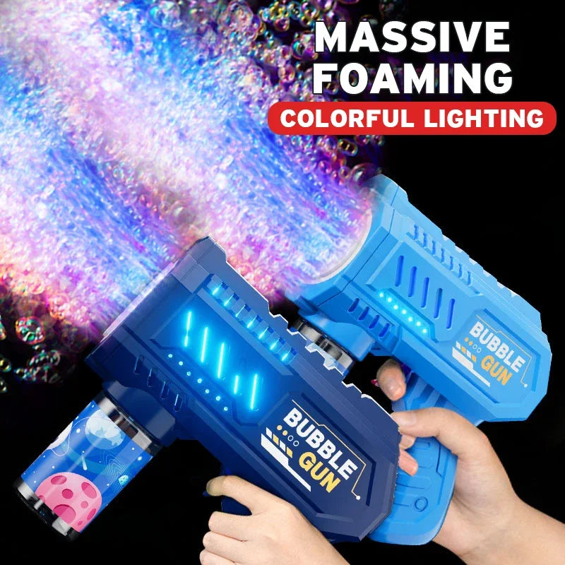 blue bubble gun for kids producing massive bubble output outdoors for fun summer sensory play