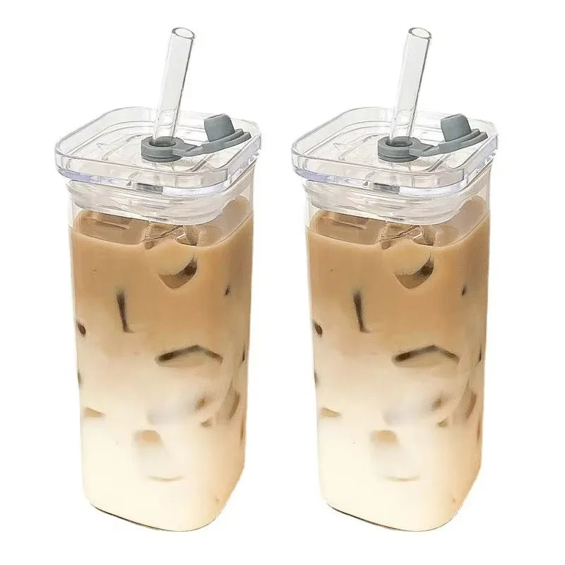 Square Glass Coffee Cup with Straw Heat Resistant Mug with Lid