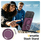 Purple and black phone case with an integrated ring stand, shown on a rock with two people in the background. Text highlights 360° free rotation, 120° precise tilt, adjustable stand, and versatile stash stand functionality.