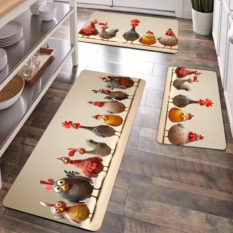 Funny Chicken Kitchen Mat Non-Slip Machine Washable Rug Decor