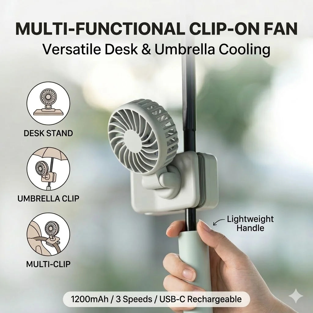 Portable Clip-On Fan UK 1200mAh USB-C Rechargeable Desk Fan