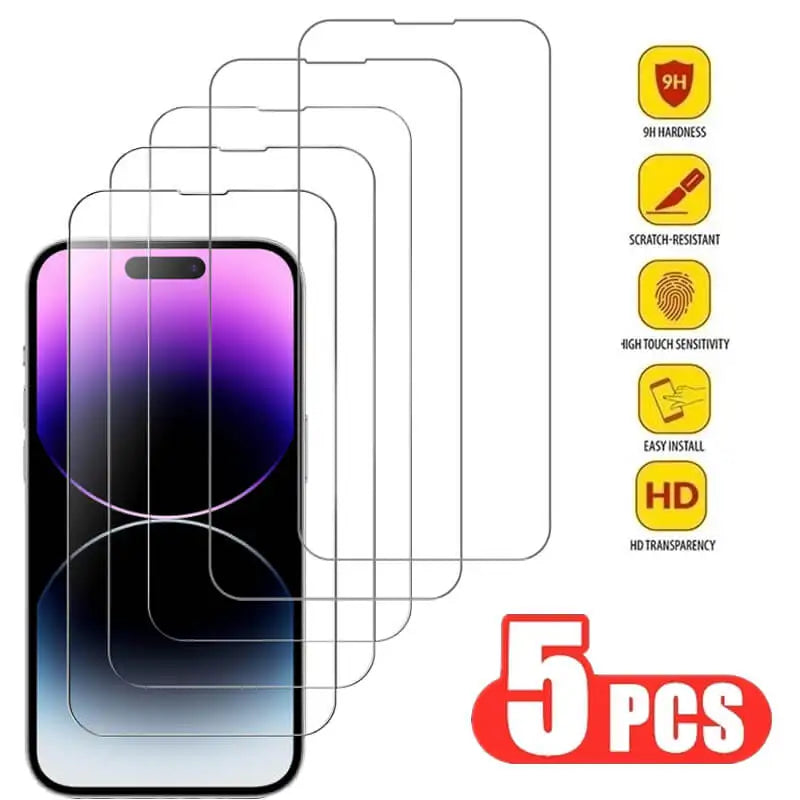 Five clear tempered glass screen protectors shown overlapping a smartphone on a white background, with feature icons for 9H hardness, scratch resistance, 4G touch sensitivity, easy install, and HD transparency, plus a red '5 PCS' badge.