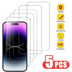 Five clear tempered glass screen protectors shown overlapping a smartphone on a white background, with feature icons for 9H hardness, scratch resistance, 4G touch sensitivity, easy install, and HD transparency, plus a red '5 PCS' badge.